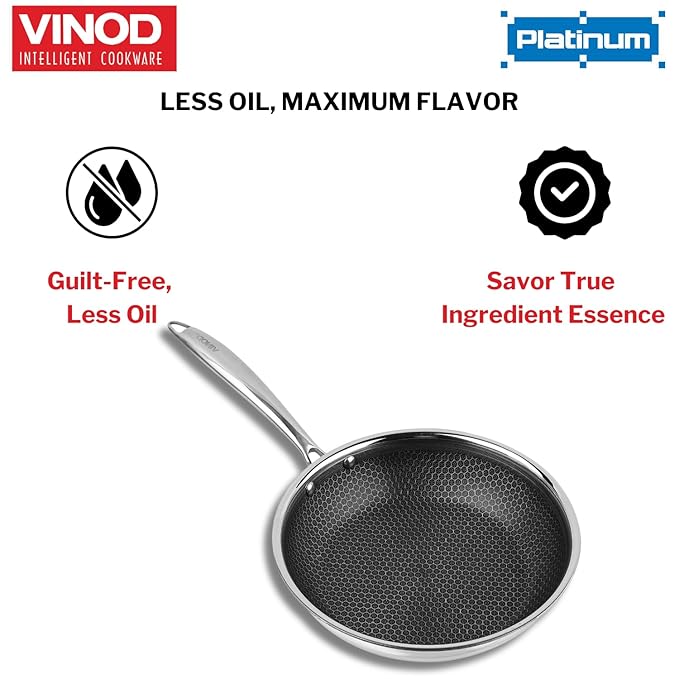 Vinod SAS Pro Platinum Triply Stainless Steel Non Stick Non Stick Frypan - 22 cm | Ceramic Coating | Honeycomb Design | Steel Handle | Induction Base