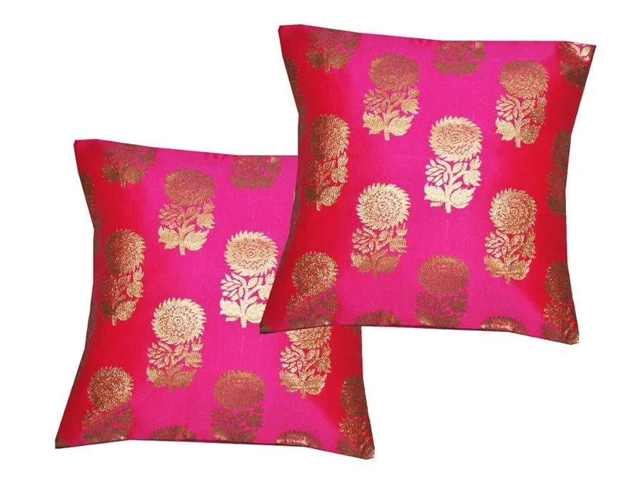 Pink Parrot Self Flower Pattern Design Jacquard Square Cushion Cover Colour Pink (Pack Of 2)