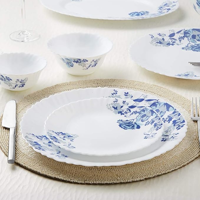 Larah by Borosil Blue Cascade Opalware Dinner Set | 13 -piece | White