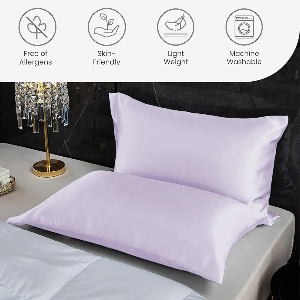 Cloth Fusion Satin Pillow Cover Set of 2 Pillow case with 3 Satin Soft Scrunchies Lilac Colour