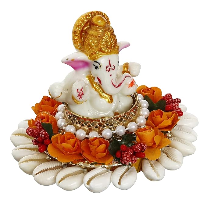 Ecraftindia Polyresin Lord Ganesha Idol on Shells and Orange Floral Decorative Handcrafted Plate