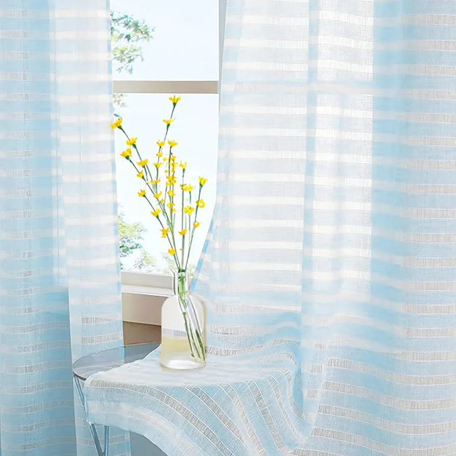 Urban Space polyester Aari Collection Weaved Sheer Curtains for Window 5ft Long Light Filtering Curtains with Eyelets and TieBack, Set of 2 Decorative Curtains Horizontal Weaves SkyBlue
