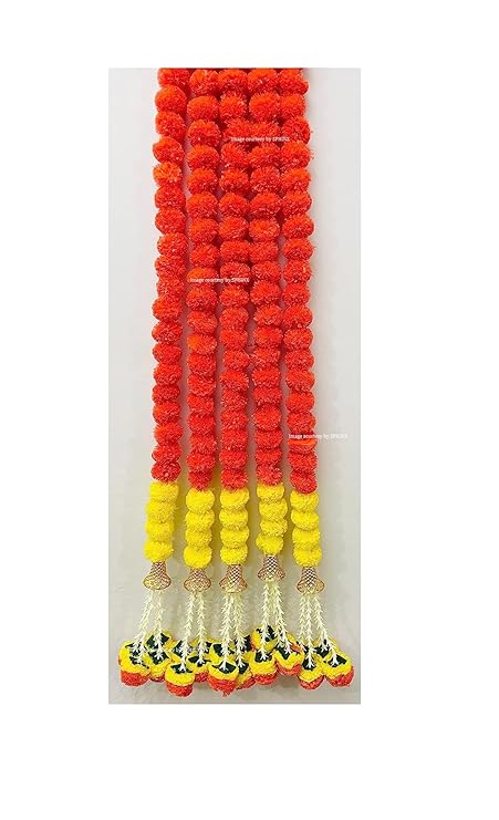 Marigold Fluffy Flowers with Bell and Tuberoses Colour Dark Orange & Yellow Mix - 4 Pieces