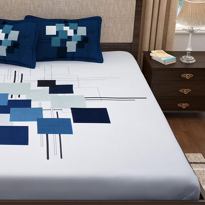Story@Home Bedsheet for Double Bed Cotton White & Blue 2 Pillow Covers White & Blue Colours
