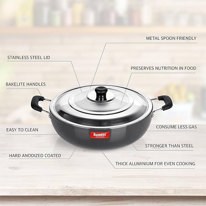 Sumeet 3mm Hard Anodized Deep kadai with Stainless Steel Lid Big Size No 15 28.5cm 4.5 Liter