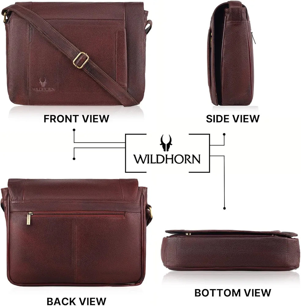 WildHorn Leather Messenger Bag for Men/Office Bag for Men | Fits Upto 15.6 Inch Laptop/MacBook | Laptop Bag/Leather Bag for Men I Dimension : L-16 inch W-3.5 inch H-12 inch