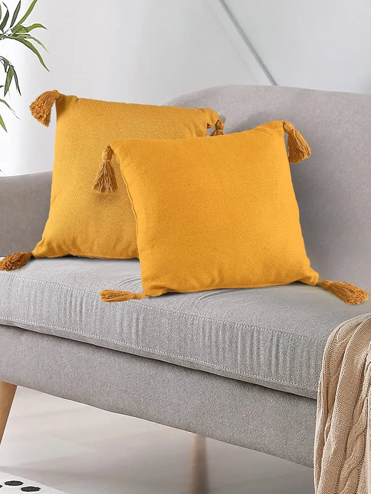 Sashaa World 100% Cotton Cushion Covers Colour Mustard With Tassels/decorative Throw Pillow( Set Of 2)