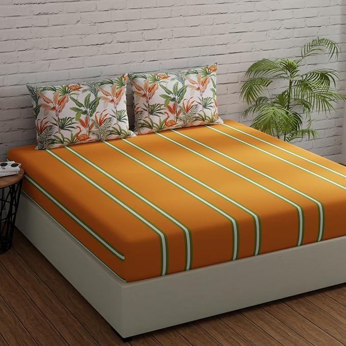 Huesland by Ahmedabad Cotton 144 TC King Size Bedsheet Cotton with 2 Pillow Covers | Stripes & Flamingos Orange & Green