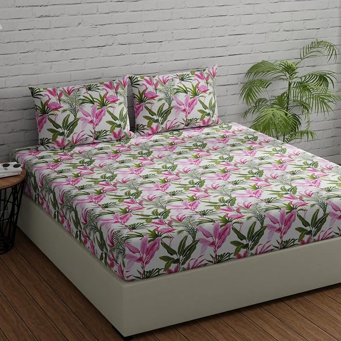Huesland by Ahmedabad Cotton 144 TC Bedsheet for King Size Bed with 2 Pillow Covers | Flamingos Pink