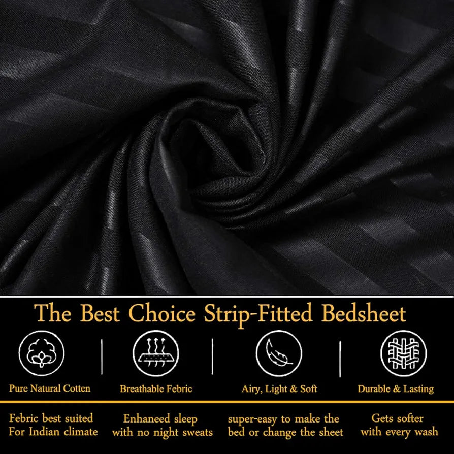 Fresh From Loom Satin Striped Soft Fitted Bedsheet King Size Bed with Two Pillow Cover Elastic 240 TC Black
