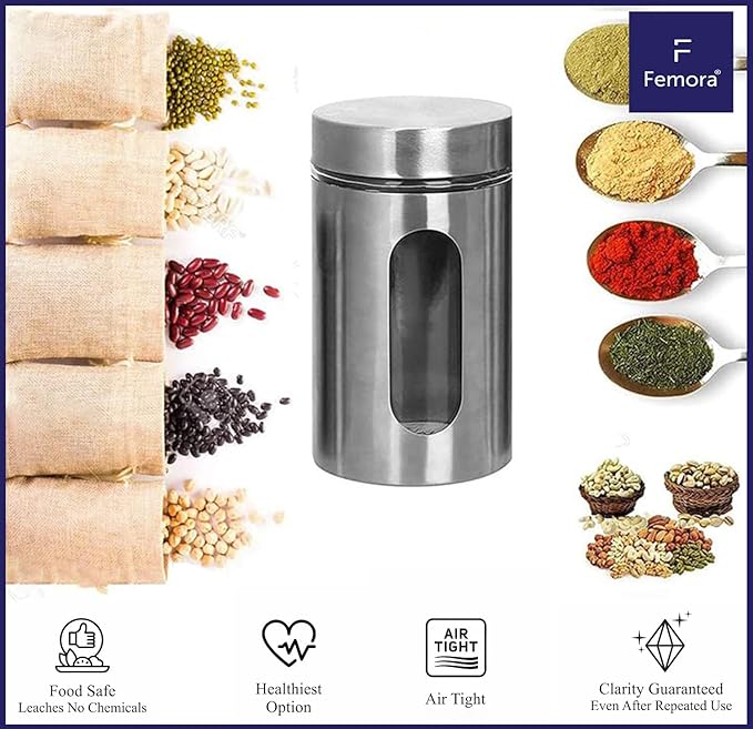 Femora Kitchen Storage Jars Steel Body With See Through Window Jar | 1300 Ml | Set of 4