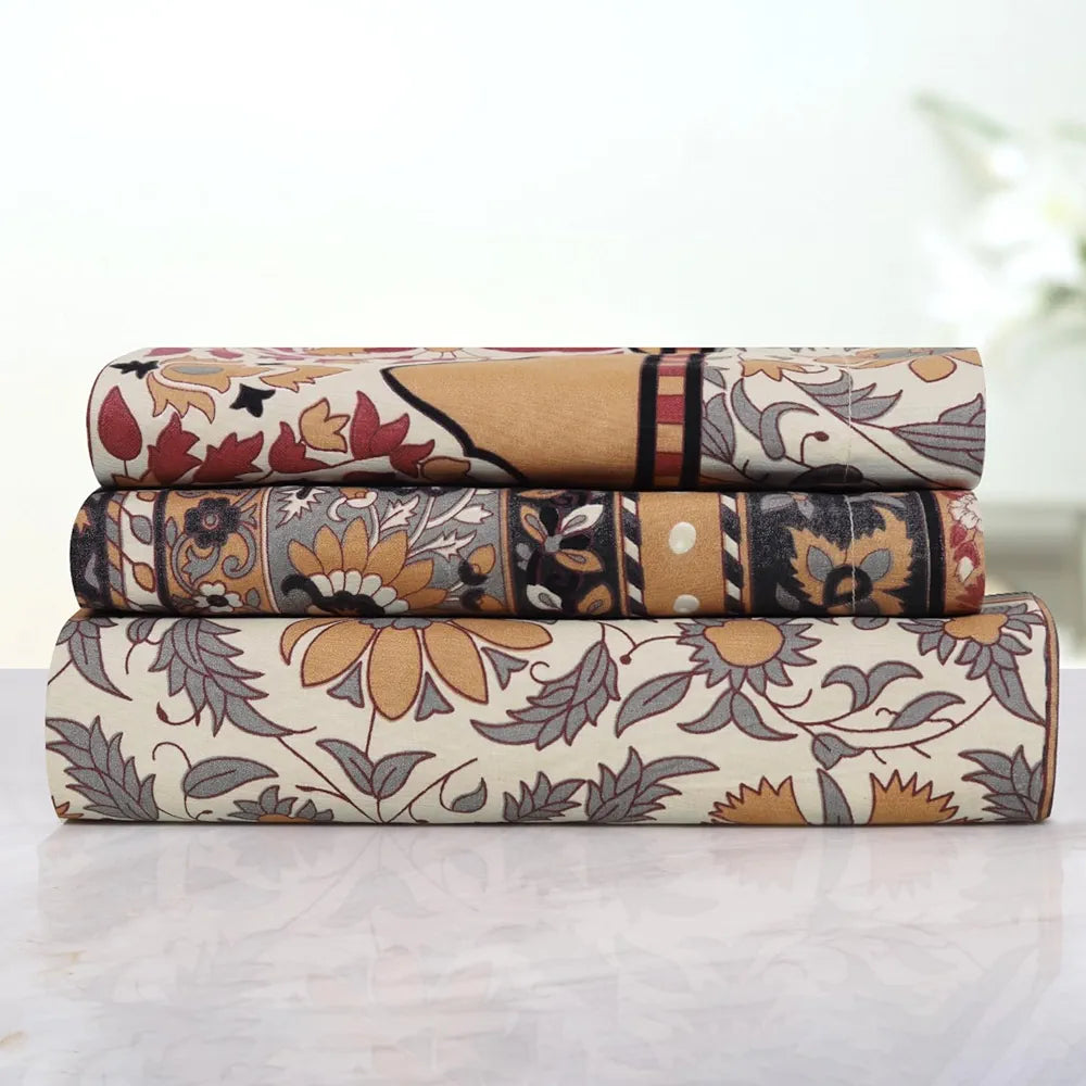 Cloth Fusion 186tc Glace Cotton Elastic Fitted Bedsheet for Double Bed King Size with 2 Pillow Covers Floral Beige