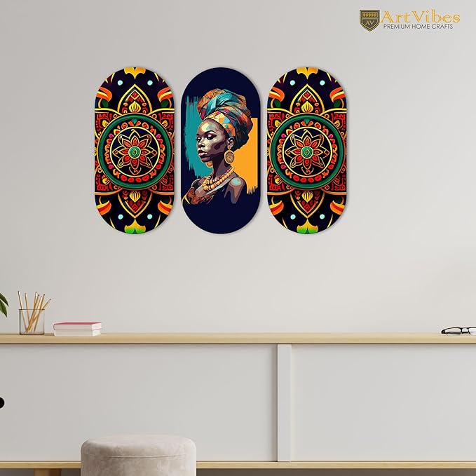Artvibes African Lady and Mandala Pattern Wooden Wall Hanger for Home | Artworks | Set of 3