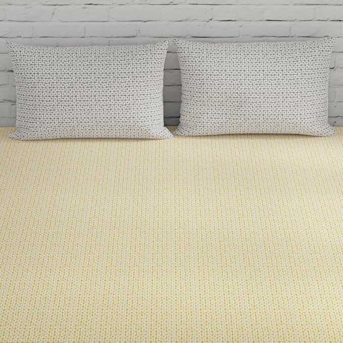Huesland by Ahmedabad Cotton 144 TC King Size Bedsheet Cotton with 2 Pillow Covers | Yellow & Grey