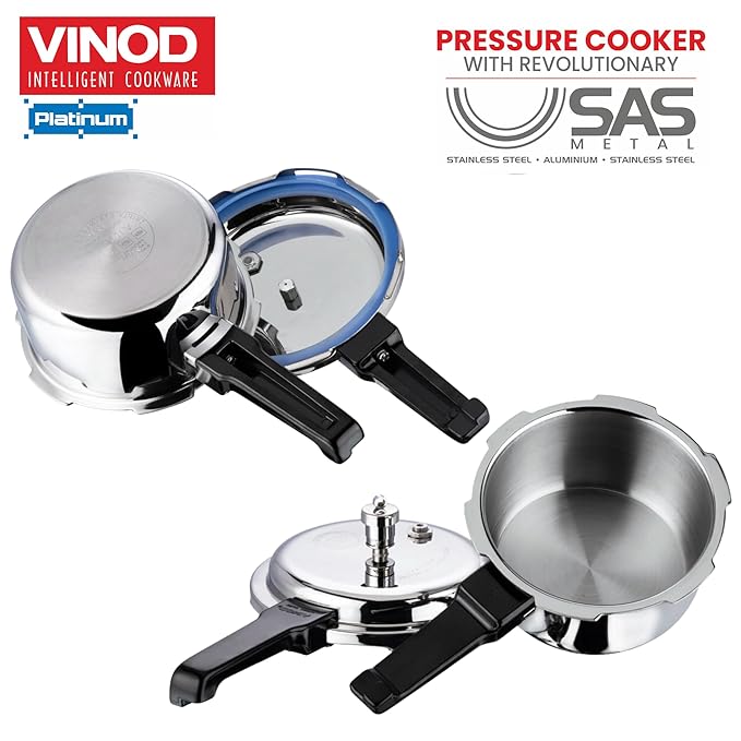 Vinod Platinum Triply Stainless Steel Outer Lid Pressure Cooker - 1. 5 Litres | Induction and Gas Stove Friendly | Silver