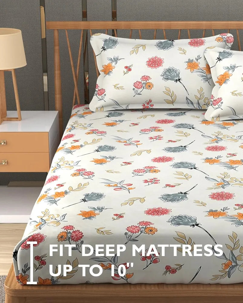 Fresh From Loom Floral Print 240 TC Microfiber King Size Fitted Bedsheet Set with 2 Pillow Covers Pastel Cream