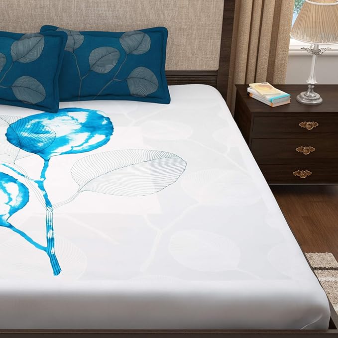 Story@Home Cotton Abstract Print Tevel King Size Bedsheet with 2 Pillow Covers White & Blue Colour