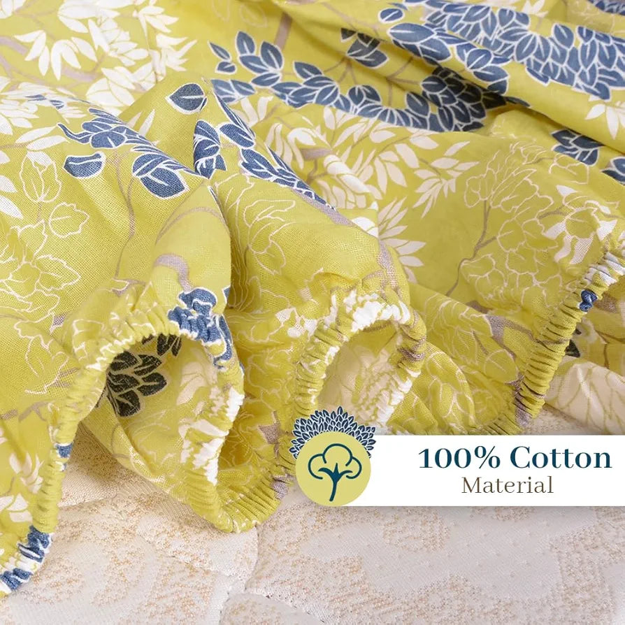 Divine Casa 144 TC Floral Green 100% Cotton Elastic Fitted Bedsheets King Size with 2 Pillow Covers Colour Muted Lime