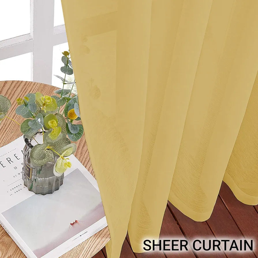 Cloth Fusion Plain Cotton Feel Sheer Window Curtains 5 Feet Long Set of 2 Semi-Transparent Lemon