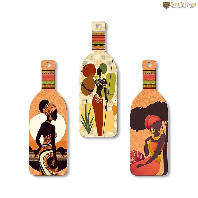 Artvibes African Warli Art Wooden Wall Hanging for Home Decor | Set of 3