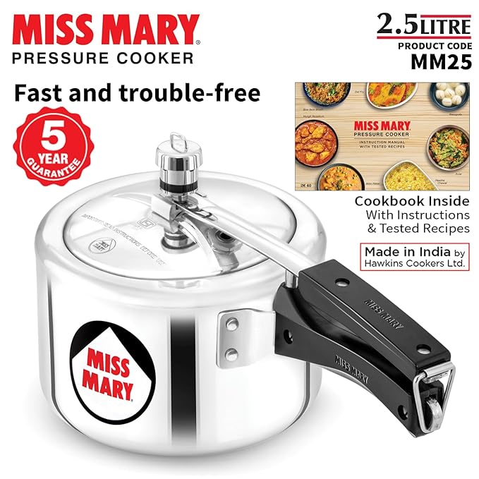 Hawkins 2.5 Litre Miss Mary Pressure Cooker Inner Lid Cooker Silver