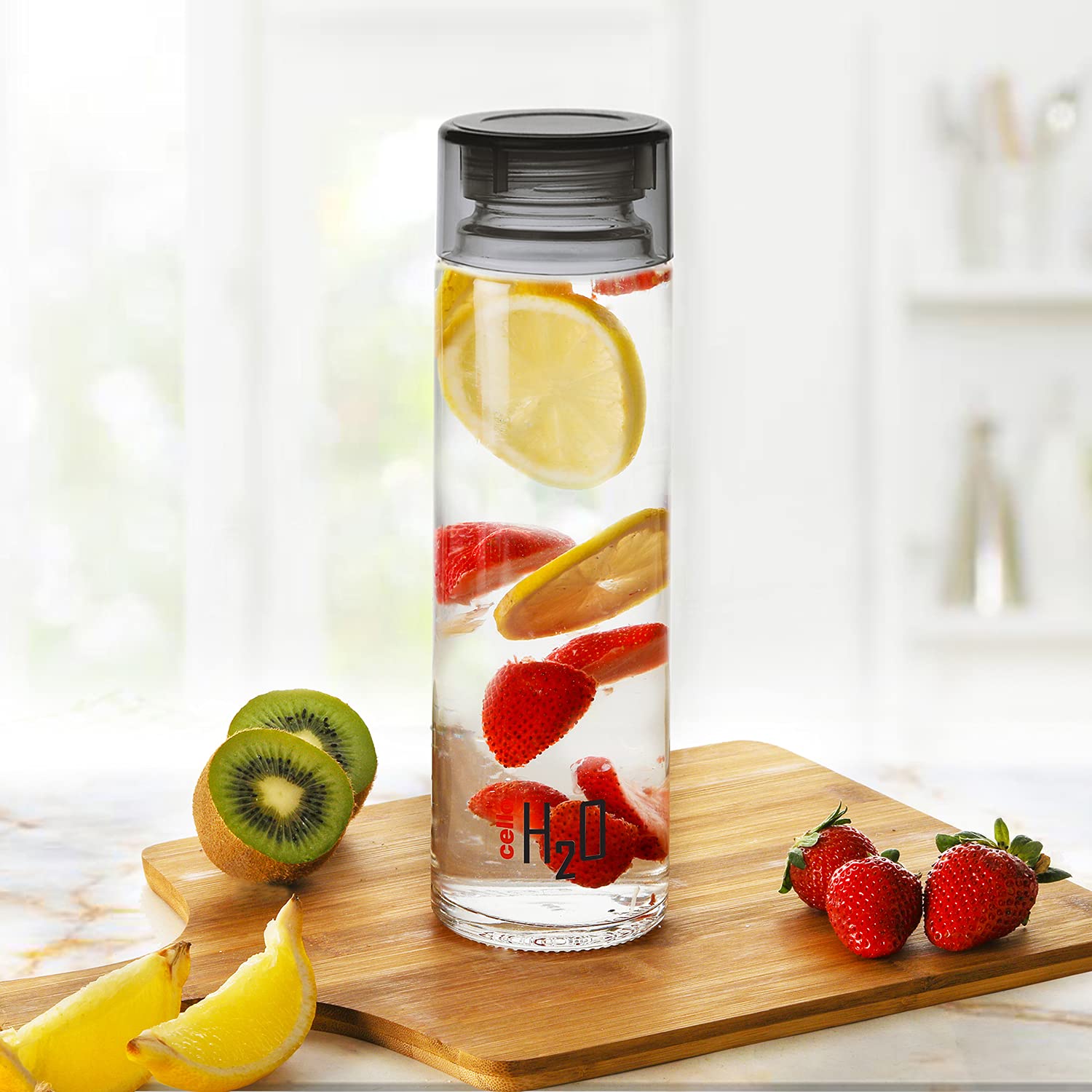 Cello H2o Glass Fridge Water Bottle With Plastic Cap | 920 Ml | Black