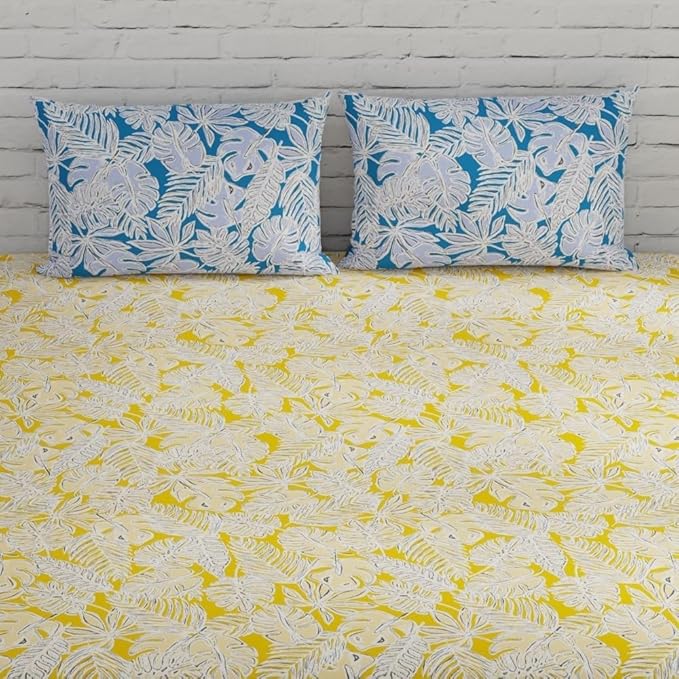 Huesland by Ahmedabad Cotton 144 TC King Size Bedsheet Cotton with 2 Pillow Covers | Yellow & Blue