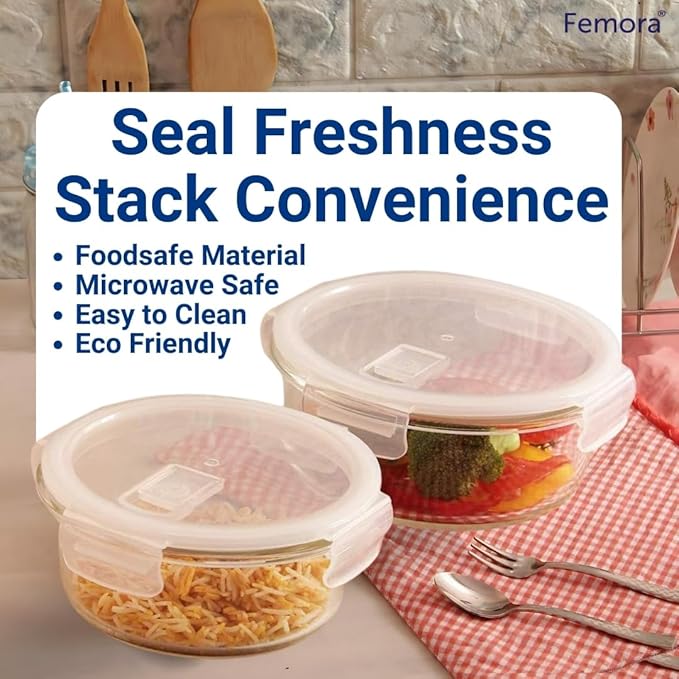 Femora Borosilicate Glass Containers for Kitchen | Storage Box for Kitchen With Air Vent Lid | Set of 3 | 380 Ml, 580 Ml, 940 Ml