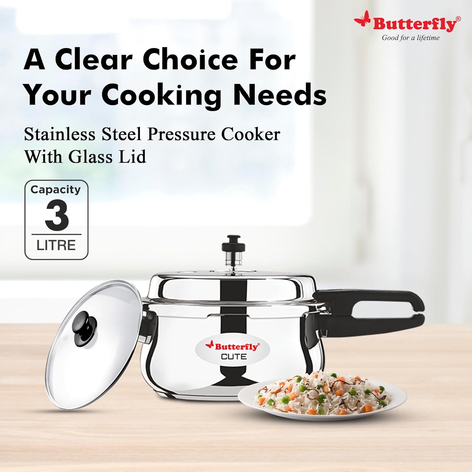 Butterfly Cute Ss Induction Compatible Outer Lid Stainless Steel Pressure Cooker With Glass Lid 3 Liter | Silver