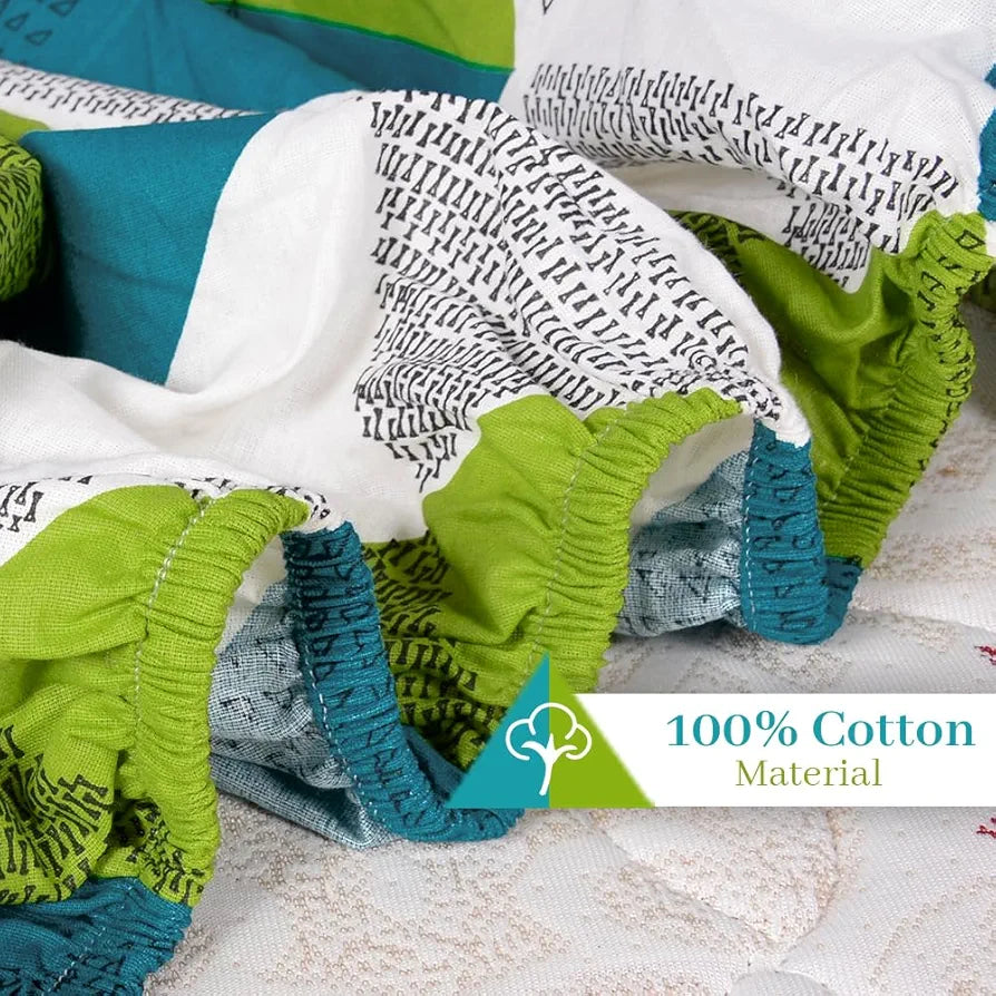 Divine Casa Green and Blue Abstarct Zig Zag Dual Print Pattern 120 TC Glace Cotton Elastic Fitted Printed Queen Size Double Bed Bedsheet with 2 Pillow Cover Love Bird