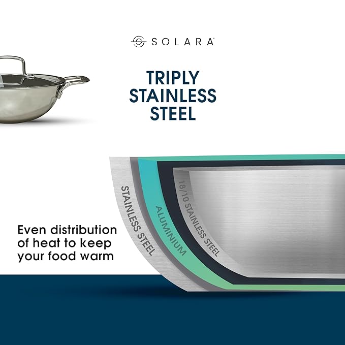 Solara Stainless Steel Triply Kadhai With Lid - 22 Cm | Induction Friendly | Triply Stainless Steel Cookware | Kadai With Lid