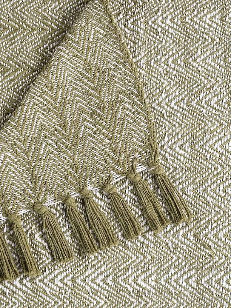 Sashaa World Soft Herringbone Throw Blanket Colour Green And Ivory