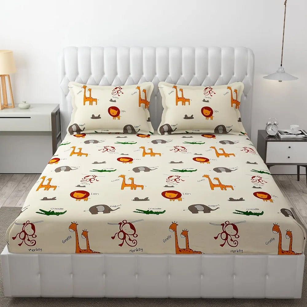 Fresh From Loom Glace Cotton Wrinkle Free Elastic Fitted Bed Sheet with 2 Pillow Cream Animal Double Bed 300 TC
