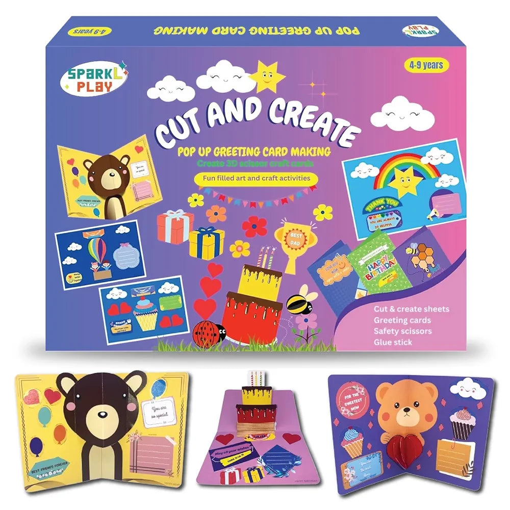 SparkLPlay Greeting Card Making Kit for Kids Ages 4 to 12 | Set of 10 DIY Pop-Up Cards | Art & Craft Kit | Scissor Skills Activity Book | Gift for Girls & Boys | Cards for Friends & Family