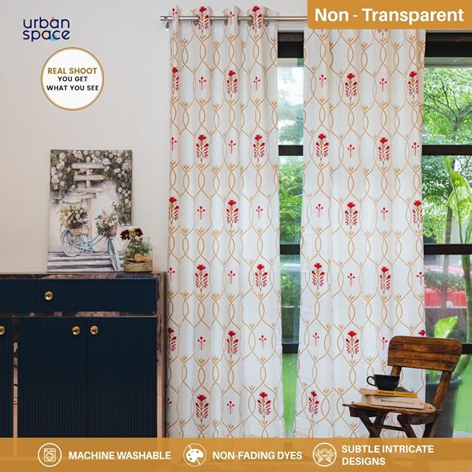 Urban Space Cotton Semi Sheer Curtains for Door Set of 2 with Eyelets and Tieback(Colour Floral Ripples Red & Brown)