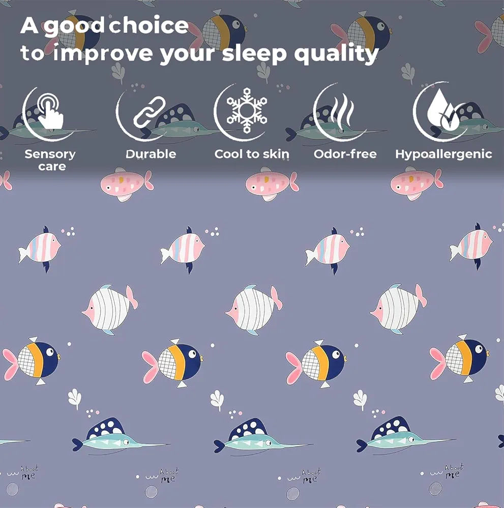 Fresh From Loom Glace Cotton 300 tc Wrinkle Elastic Fitted Cartoon Printed Bedsheets for Kids with 1 Pillow Fish Blue Smallsingle