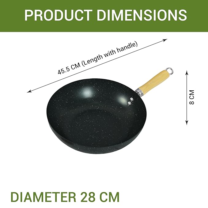 Femora Carbon Steel Wok 28 Cm With Wooden Handle | 3 Layer Non-stick Coating Wok | Black