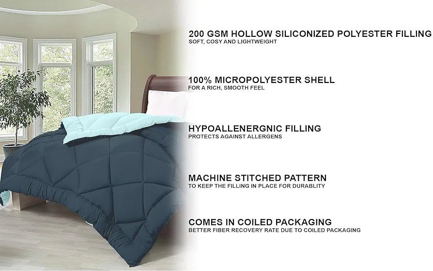 Cloth Fusion Reversible AC Comforter Single Bed Soft Microfibre Quilt Blanket for Winter Navy & Light Blue