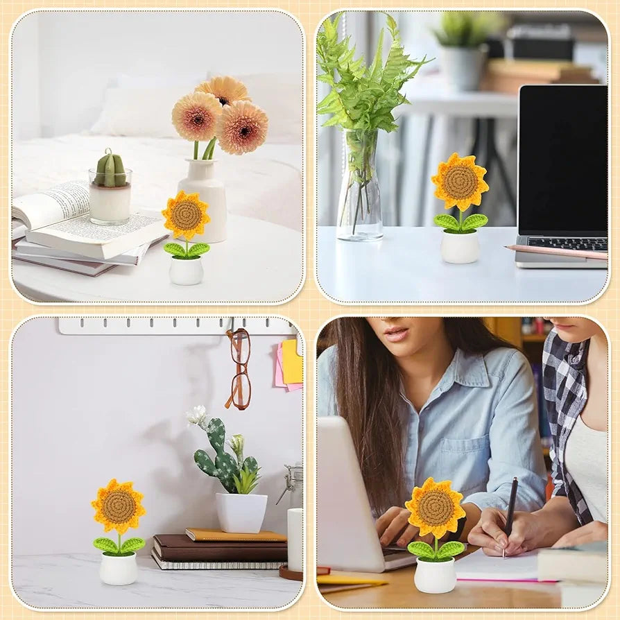 Handmade Crochet Sunflower Pot 1 PC Artificial Flower Knitted Wool Flower