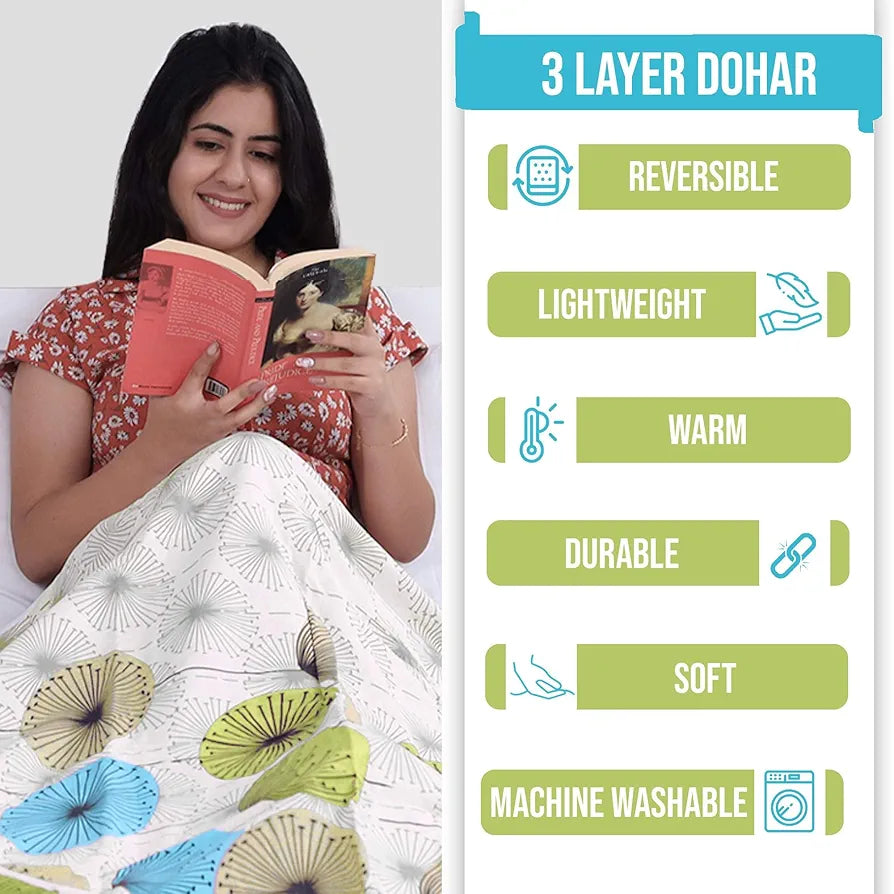 Divine Casa Glace Cotton 120 GSM Reversible Lightweight Printed Single Bed AC Dohar Blanket Quilt Colour Pink and Turquoise Green TC - 120