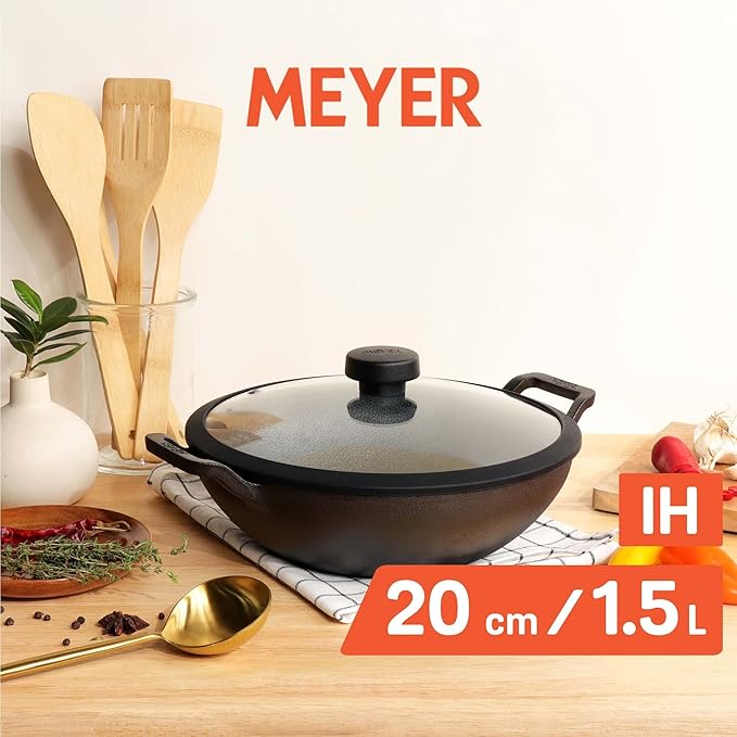 Meyer Pre Seasoned Cast Iron Kadai|Iron Kadhai with Lid 20cm/ 1.5 Liters Black
