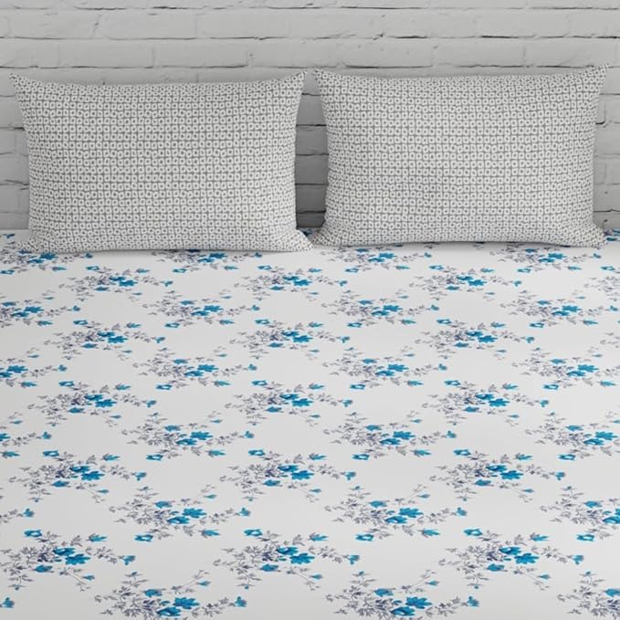 Huesland by Ahmedabad Cotton 144 TC Cotton Bedsheets for King Size Bed with 2 Pillow Covers | White, Cyan Blue & Grey