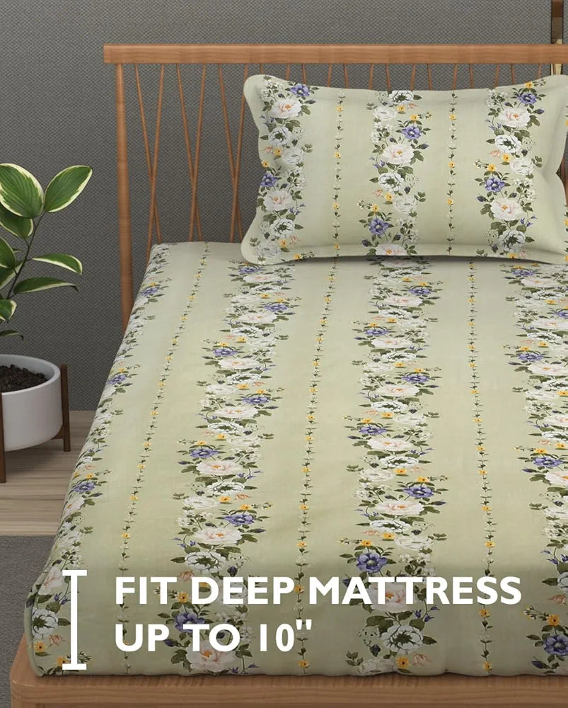 Fresh From Loom Soft Floral Print Microfiber Single Bed Bedsheet Set 240 TC 1 Pillow Covers Multicolor Pale-Leaf