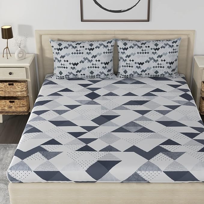Huesland by Ahmedabad Cotton 186 TC Cotton Bedsheet for Double Bed King Size with 2 Pillow Covers | White & Grey