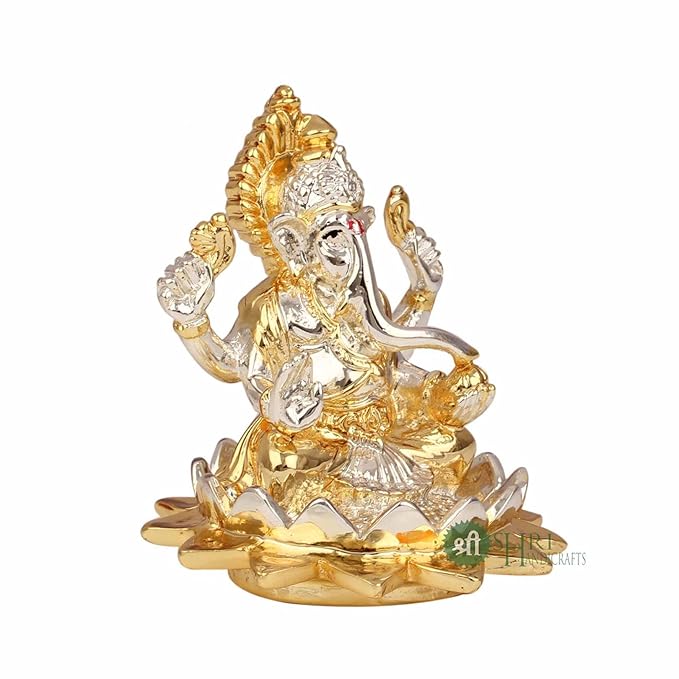 Indicast Gold & Silver Plated Ganesha Idol Murti Sitting on Lotus Kamal Home and Office Decor and Gifts