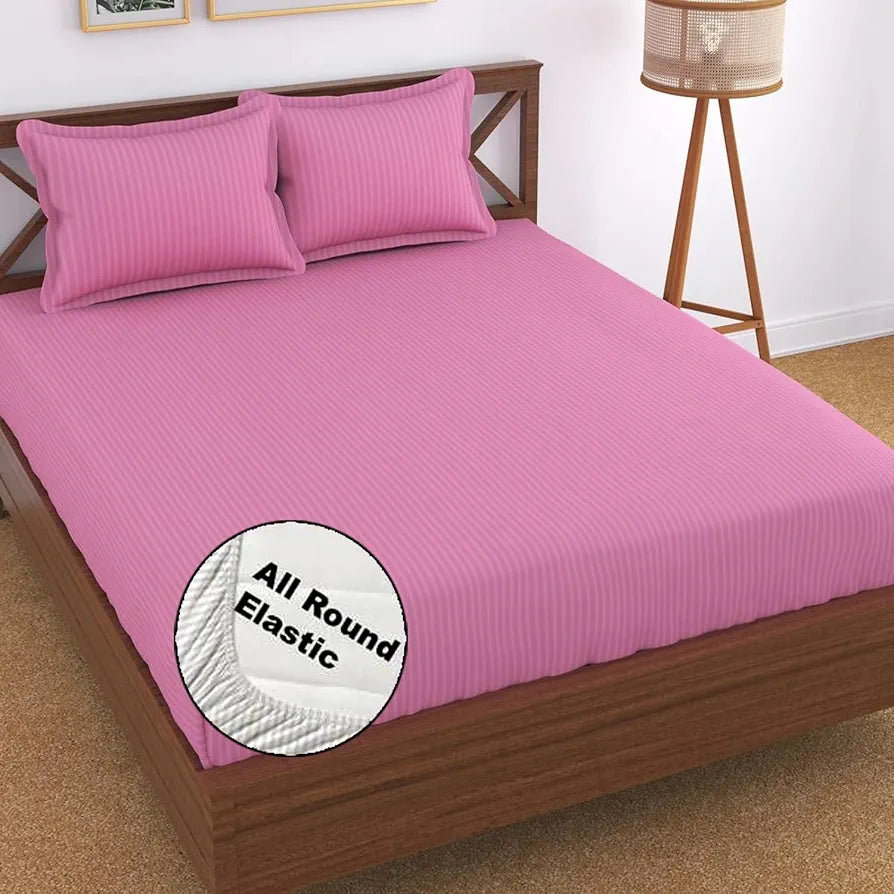 Fresh From Loom 240 TC Satin Striped Elastic Fitted Bed Sheets Bed Covers King Size Bed with Two Pillow Cover Pink
