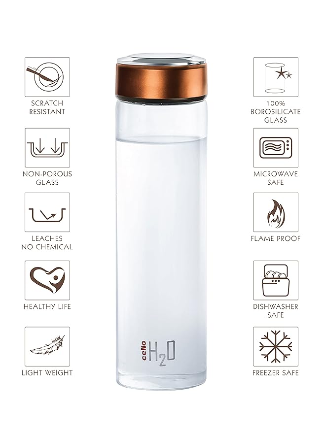 Cello H2o Borosilicate Glass Water Bottle | 600 ml