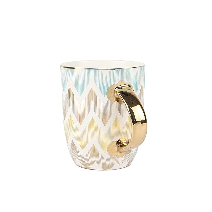 Femora India Pastel Chevron Caremic Coffee Mugs | 360 Ml, Golden | 1 Piece Set | Not Microwave Safe