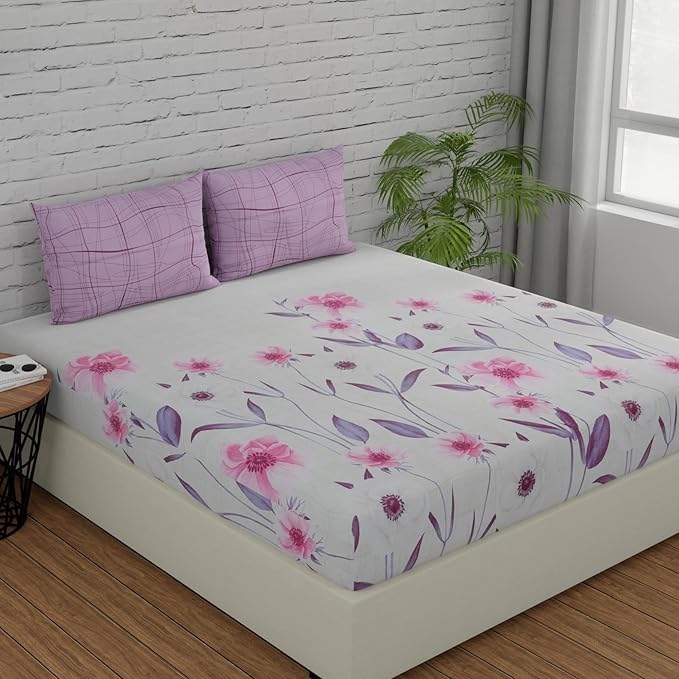 Huesland by Ahmedabad Cotton 144 TC Cotton Bedsheet for Double Bed King Size with 2 Pillow Covers | Orchid Bouquet & Purple