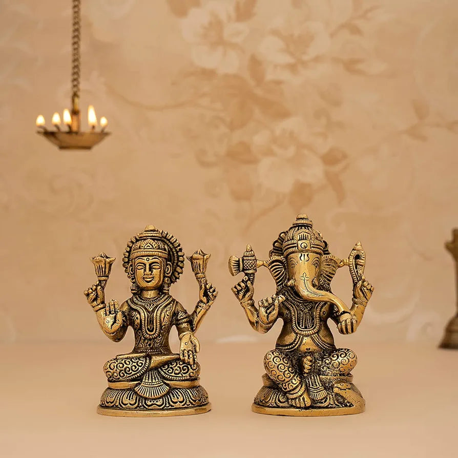 DecorTwist® Lakshmi Ganesh Idol 4 Inch Height | Brass Laxmi Ganesha Murti | Lakshmi Ganesh Statue Gift for Home Decor, Office Desk, Puja Room Figurine, Diwali Decorative Showpiece Pack of 2